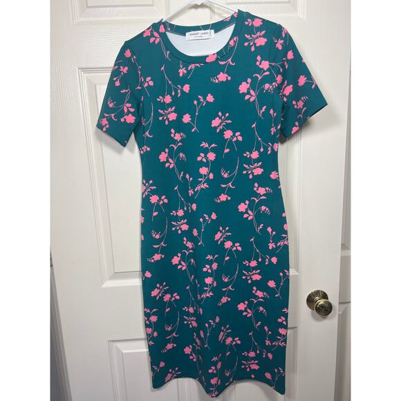 Sonnet James A Play Dress Short Sleeve Midi Teal Green with Pink Flower Pattern - Picture 1 of 7